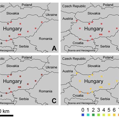 Climate match map of Hungary showing colour-coded regions with a ...