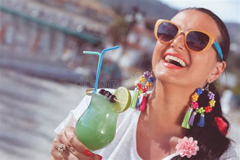 Happy Young Woman Drinking Cocktail Stock Photo - Image of drink, beauty: 56358480