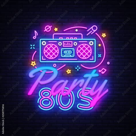 80s Party Neon Sign Vector. Back to the 80's neon design template, modern trend design, night ...