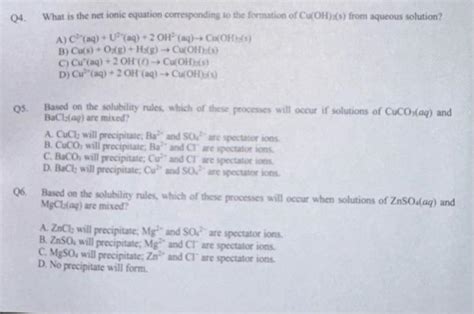 Solved Q4. What is the net ionic equation corresponding to | Chegg.com