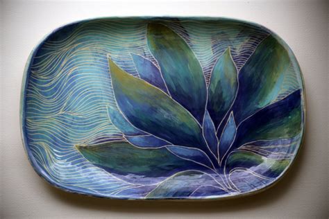 Blue Sgraffito Pottery Tray, Handpainted Painted Decorative Floral Design Ceramic Appetizer ...