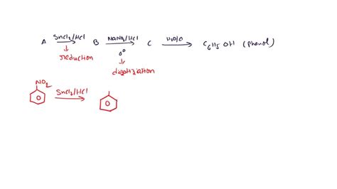 SOLVED: In the reaction sequence: A [ ]SnCl2/HCl B [ 0^o ]NaNO2/HCl C [ ]H2O/ΔC6H5OH , A, B, C ...