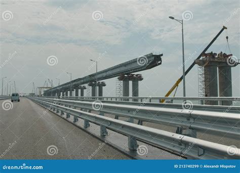 Construction Of The Crimean Bridge. Lift Cranes And Railway Bridge Elements. Construction And ...