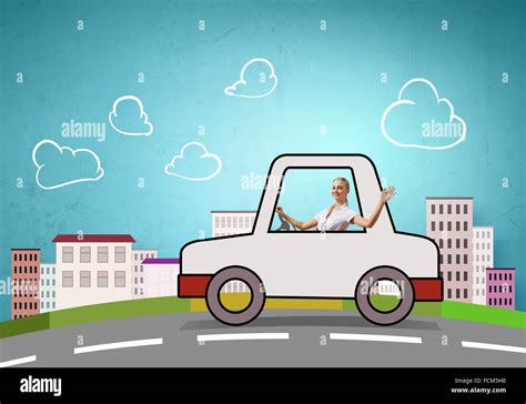 Young girl driving drawn little funny car Stock Photo - Alamy