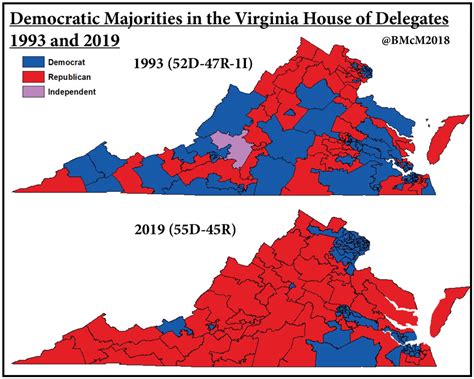 Map of Democratic majorities in the Virginia House of Delegates, 1993 ...