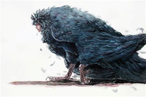 a drawing of a black bird sitting on the ground with it's head down