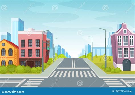 Urban Landscape with Empty Urban Street Traffic Road, Sidewalk, Crosswalk Stock Vector ...