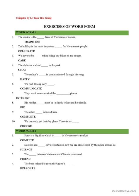 exercises of word form general gramm…: English ESL worksheets pdf & doc