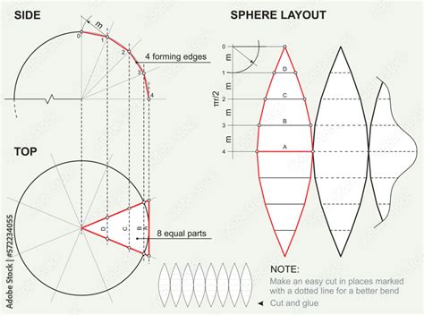 Unfolding 3D ball figure. Descriptive geometry, plan scheme for sphere layout. Technical drawing ...