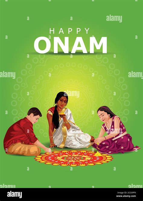 happy onam greetings vector illustration. illustration of woman making pookalam for children's ...