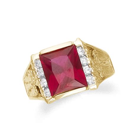 Mens Gold Synthetic Ruby CZ Ring | 10k Gold Mens Synthetic Ruby Ring with CZ | Mens 14k Gold ...