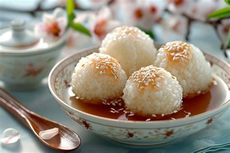 Traditional Asian Coconut Rice Balls in Syrup with Cherry Blossoms a ...