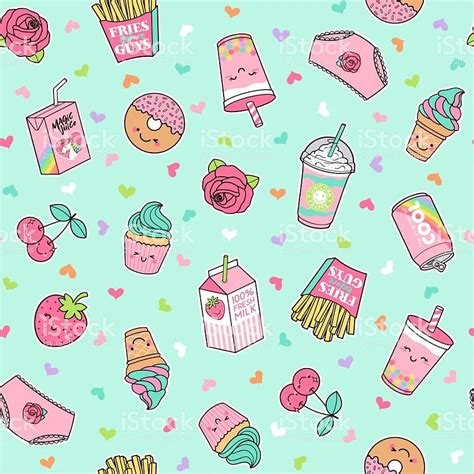 Cute Pastel Foods Patches Seamless Pattern With Heart Backgrounds ...