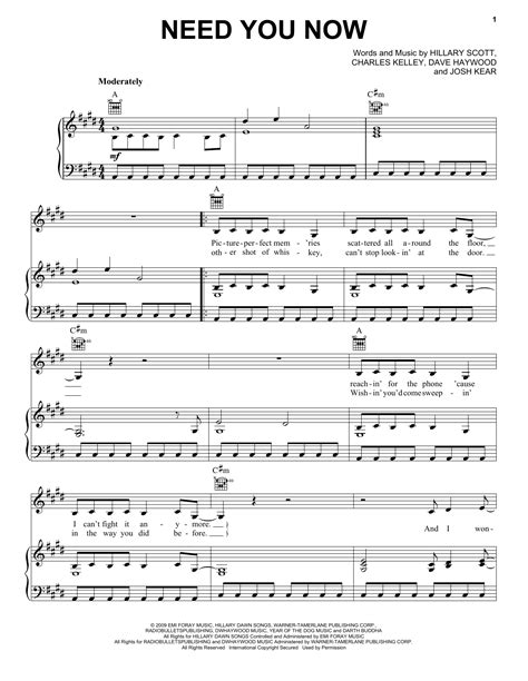 Need You Now sheet music by Lady Antebellum (Piano, Vocal & Guitar ...