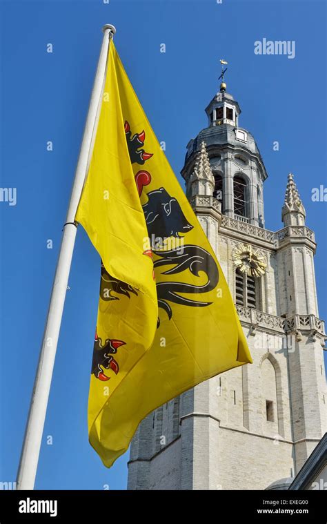 Flemish flag installed on Grand Place in Halle in day of Flemish Community Celebration on July ...