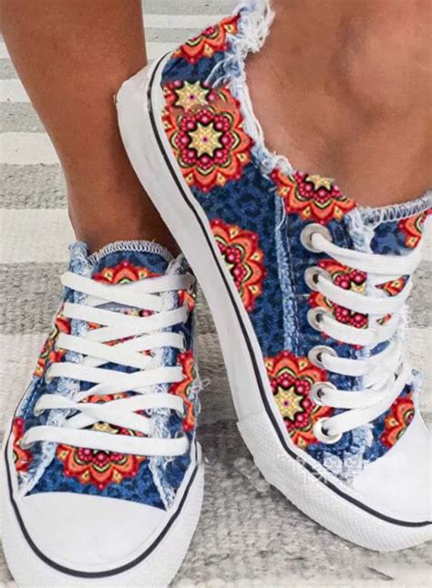 Women's Sneakers Flower Print Canvas Lace-up Sneakers | Casual shoes ...