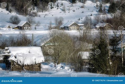 Russian village in winter stock photo. Image of background - 134277674