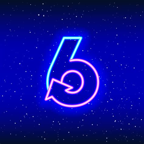 Number 6 and arrow sign icon in neon blue and pink color. Arrowed numeral six of space stars ...