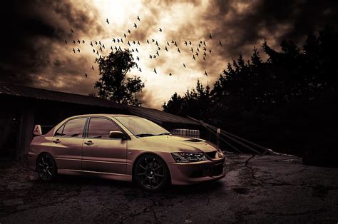 HD wallpaper: Mitsubishi Lancer sedan wallpaper, birds, the evening ...