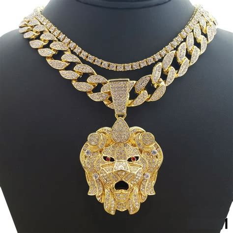 Wg Jewelry - Hip Hop Icy Bling Stoned 14K Gold Tone Plated Lion Head w ...