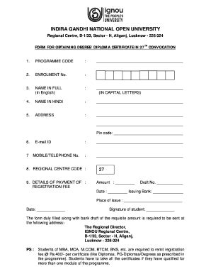 Form For Obtaining Degree / Diploma - IGNOU Lucknow Regional ... - Fill ...