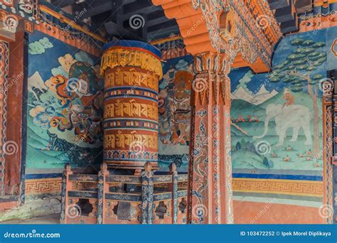 Trongsa, Bhutan - September 13, 2016: Wall Paintings and Large Prayer ...