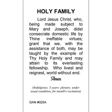 Holy Family Prayer Card | Gannon's Prayer Card Co.