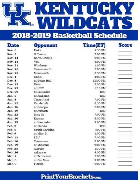 Kentucky Basketball Printable Schedule