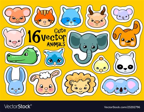 Colorful animal face stickers cute animal clipart Vector Image