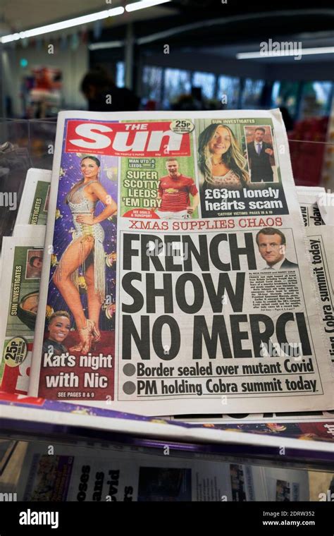 The Sun tabloid newspaper front page headline on 31 December 2020 "French Show No Merci" in ...