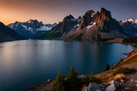 Premium AI Image | a mountain lake at sunset