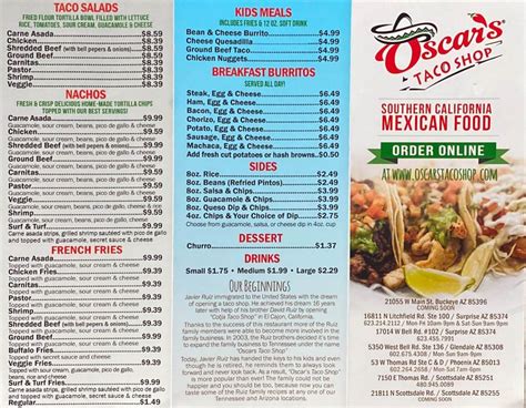 16811 N Litchfield Rd Ste 100 Surprise, AZ Oscar's Taco Shop Menu