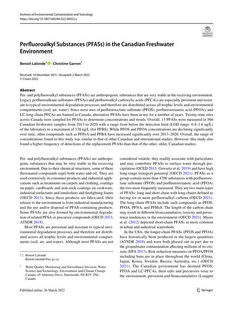 (PDF) Perfluoroalkyl Substances (PFASs) in the Canadian Freshwater Environment