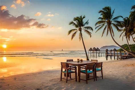 Premium Photo | A table on the beach at sunset