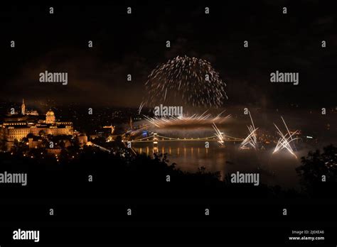 Budapest, Hungary-beautiful fireworks over the Danube River, illuminating the chain bridge Stock ...