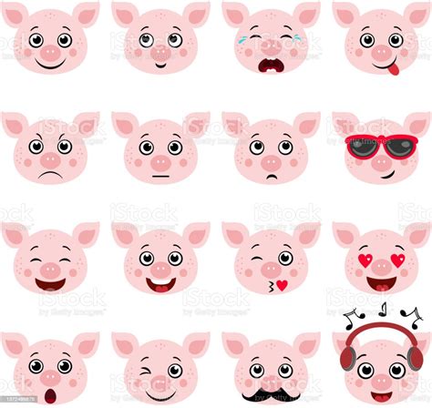 Collection Set Of Cute Pigs Different Emotions And Expressions Stock Illustration - Download ...