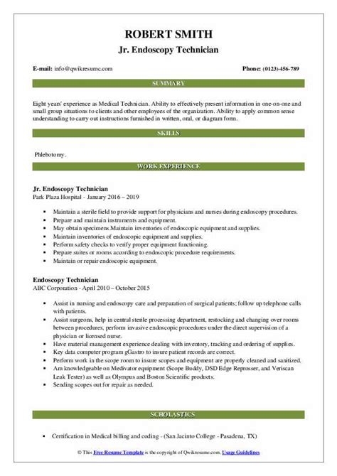 Endoscopy Technician Resume Samples | QwikResume