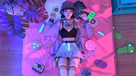 Wallpaper Cyberpunk, Anime, Retro Punk Anime Girl Lying on Bed, Purple, Violet, Background ...