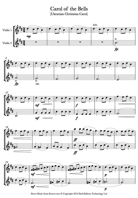 Carol of the Bells sheet music for Violin Duet - 8notes.com