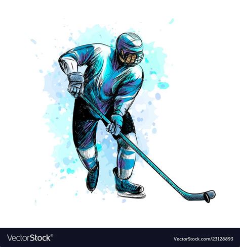 Abstract hockey player from splash of watercolors. Hand drawn sketch. Winter sport. Vector ...