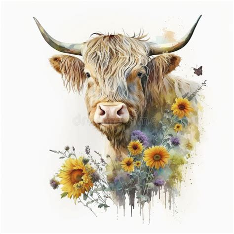 Highland Cow and the Sunflower Field Colorful Watercolor - Generative AI Stock Illustration ...