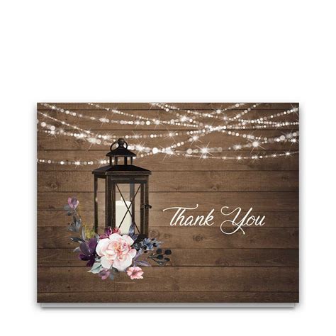 Rustic Wedding Thank You Cards with a Metal Lantern and Flowers