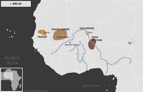 Historical map of West Africa, c. 800 AD, showing the old Ghana Empire and the kingdoms of ...