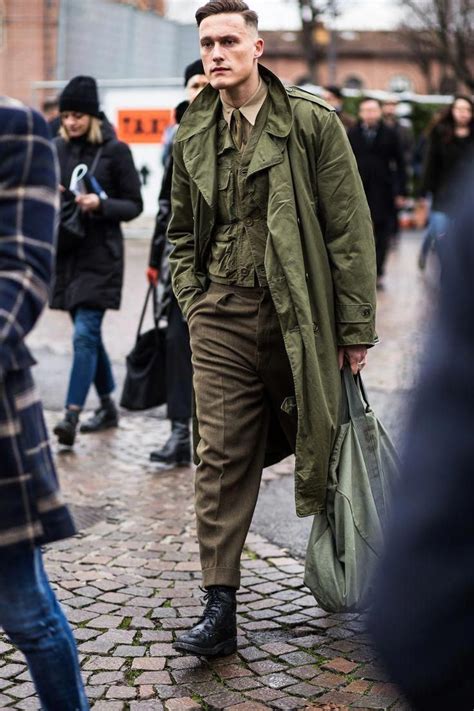 Men's street stye outfit from Fashion Week - love this military trench coat, and you?, #mens ...