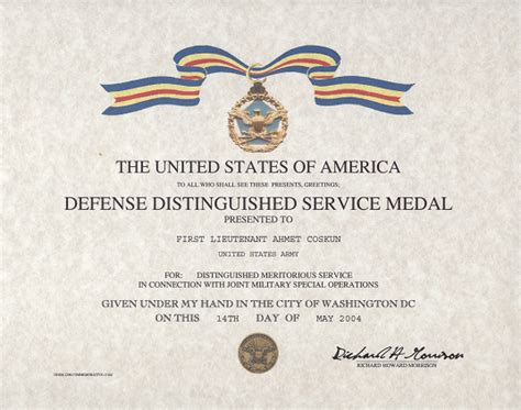 Defense Distinguished Service medal certificate