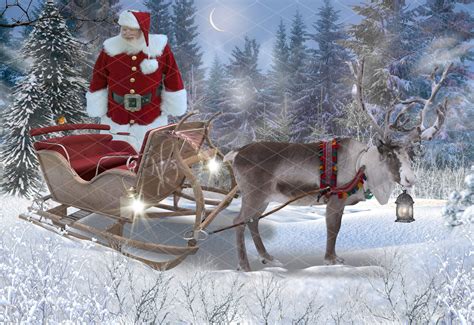 Christmas Santa With Sleigh and Reindeer in the Snow Digital Backdrop ...