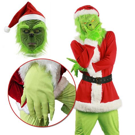 The Grinch Costume Cosplay Mens Christmas Santa Fancy Dress Outfit Set ...