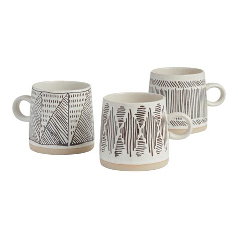 Black And White Wax Resist Geometric Mugs Set Of 3: Black/White/Natural - Stoneware by World ...