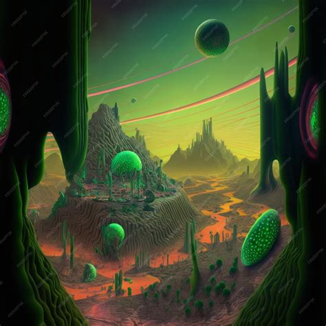 Premium AI Image | green alien planet landscape psychedelic concept art