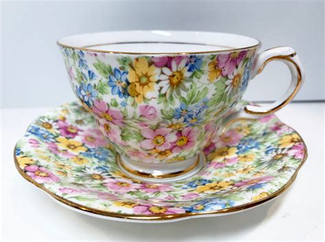 Rosina Tea Cup and Saucer, Pattern 5005, English Bone China Cups, Antique Teacups, Floral Chintz ...